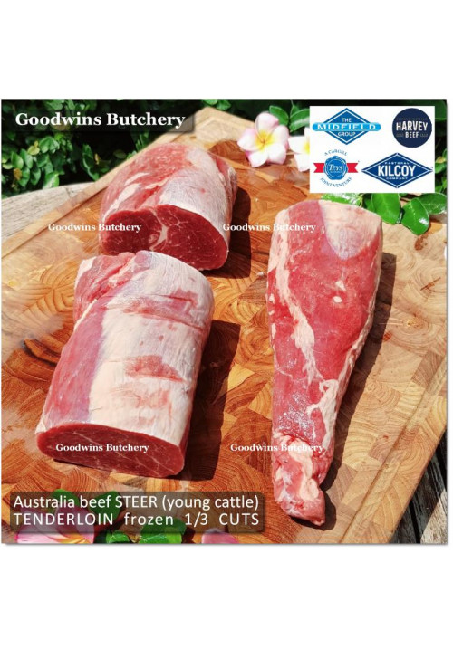 Beef Tenderloin Australia STEER young-cattle HARVEY aged by Goodwins frozen 1/3 WELLINGTON CUT price/pc 1kg (eye fillet mignon daging sapi has dalam)